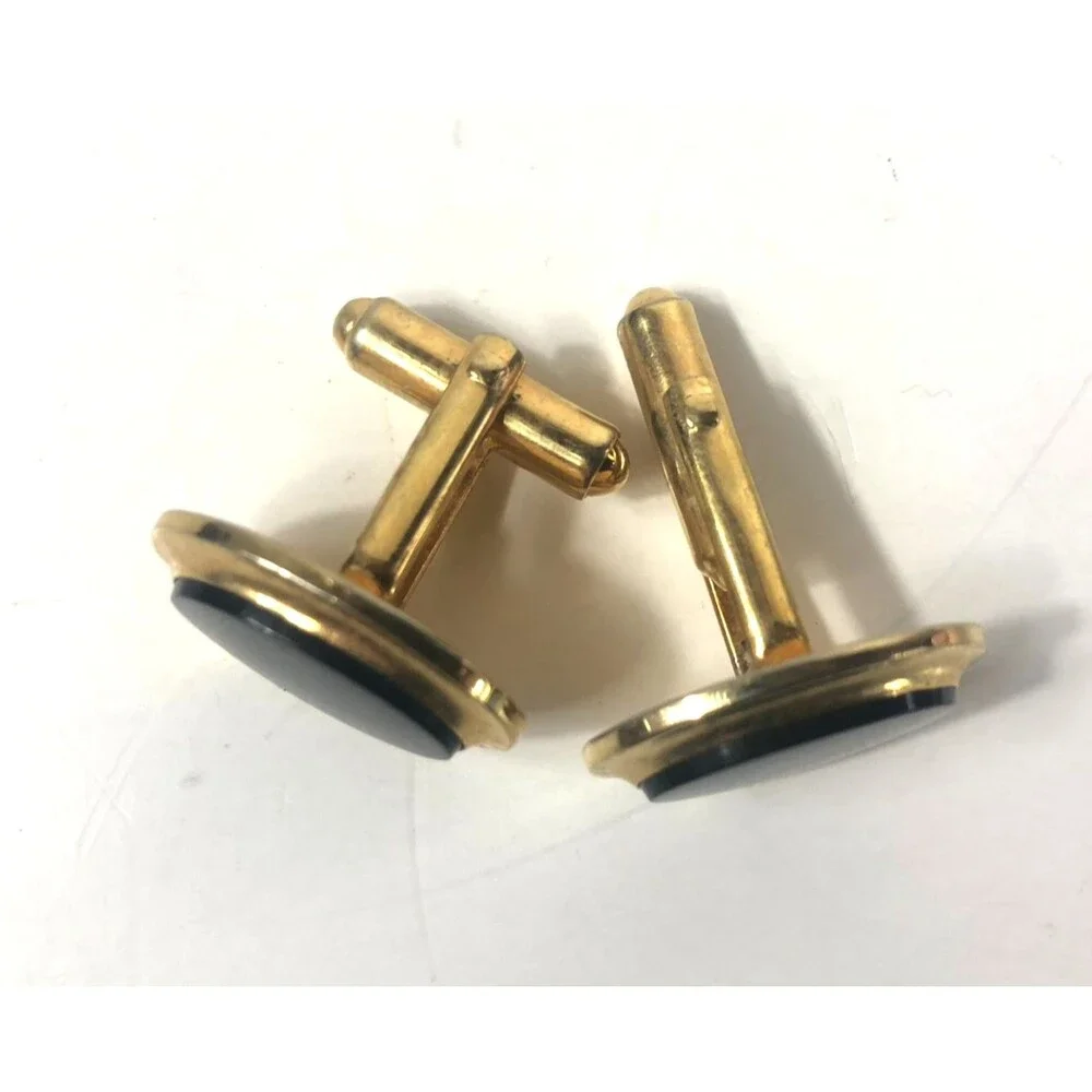 Vintage Oval Gold Tone Cufflinks Black Onyx/Glass Cabochon Classic Tuxedo